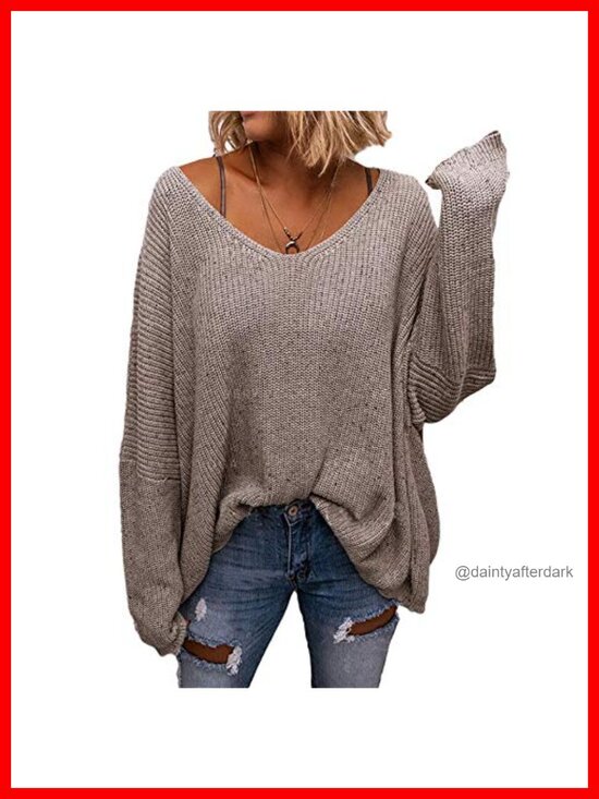 Sweaters - Women's V Neck Long Sleeve Knit Loose Oversized Pullover Sweater Top